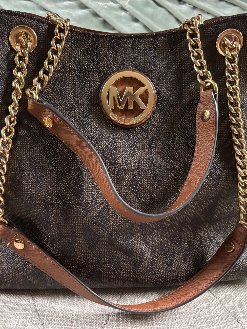 Michael Kors Brown Logo Chain Shoulder Bag with Gold Hardware